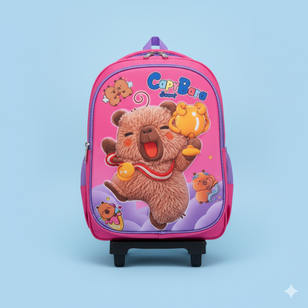 KIT X3 MALETA DOBLE RUEDAS + CARTUCHERA + LONCHERA CAPIBARA 3