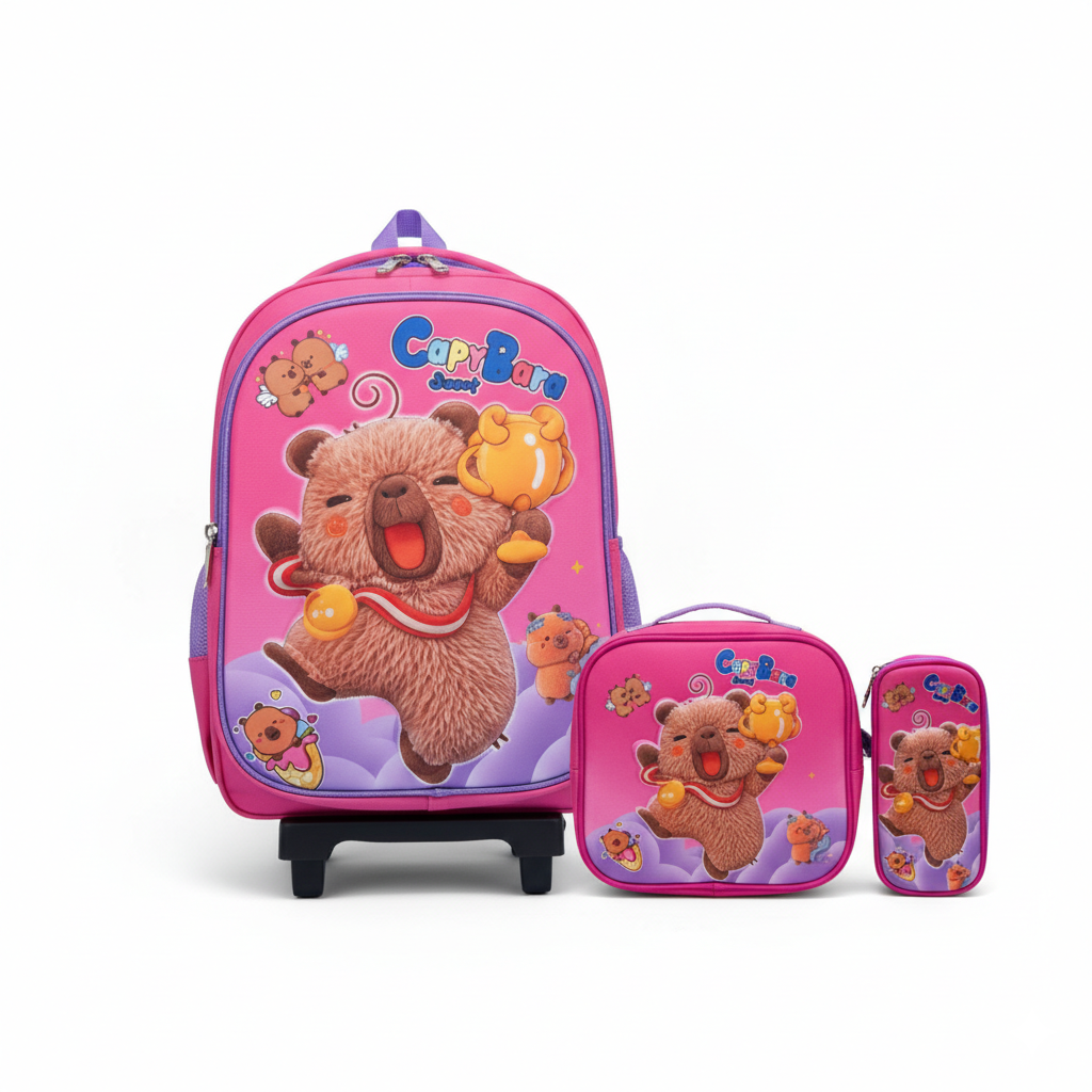 KIT X3 MALETA DOBLE RUEDAS + CARTUCHERA + LONCHERA CAPIBARA 3