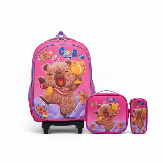 KIT X3 MALETA DOBLE RUEDAS + CARTUCHERA + LONCHERA CAPIBARA 3