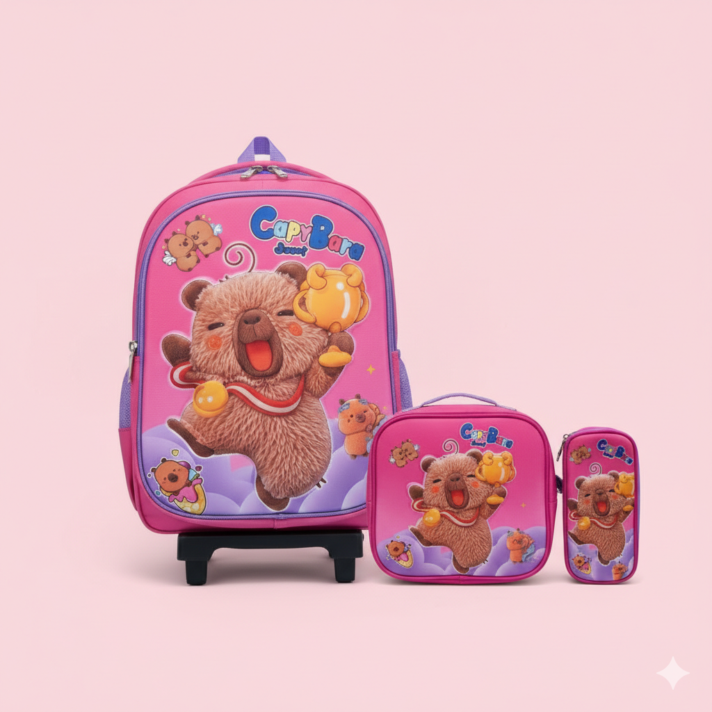 KIT X3 MALETA DOBLE RUEDAS + CARTUCHERA + LONCHERA CAPIBARA 3