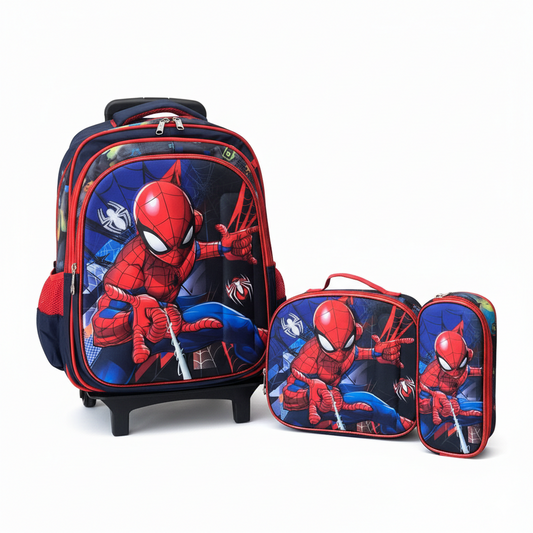 KIT X3 MALETA DOBLE RUEDAS + CARTUCHERA + LONCHERA SPIDERMAN 2