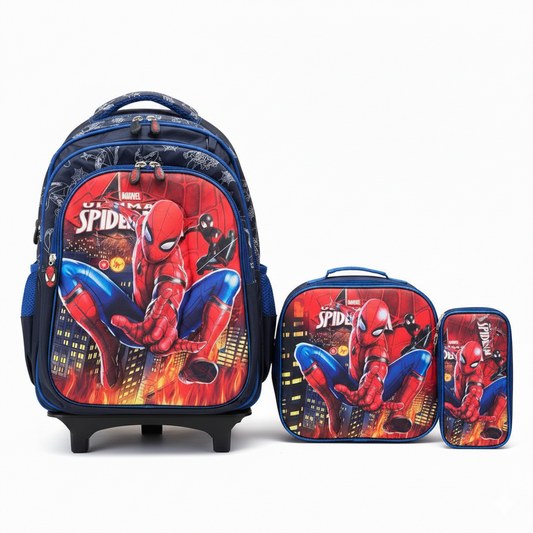KIT X3 MALETA DOBLE RUEDAS + CARTUCHERA + LONCHERA SPIDERMAN 3