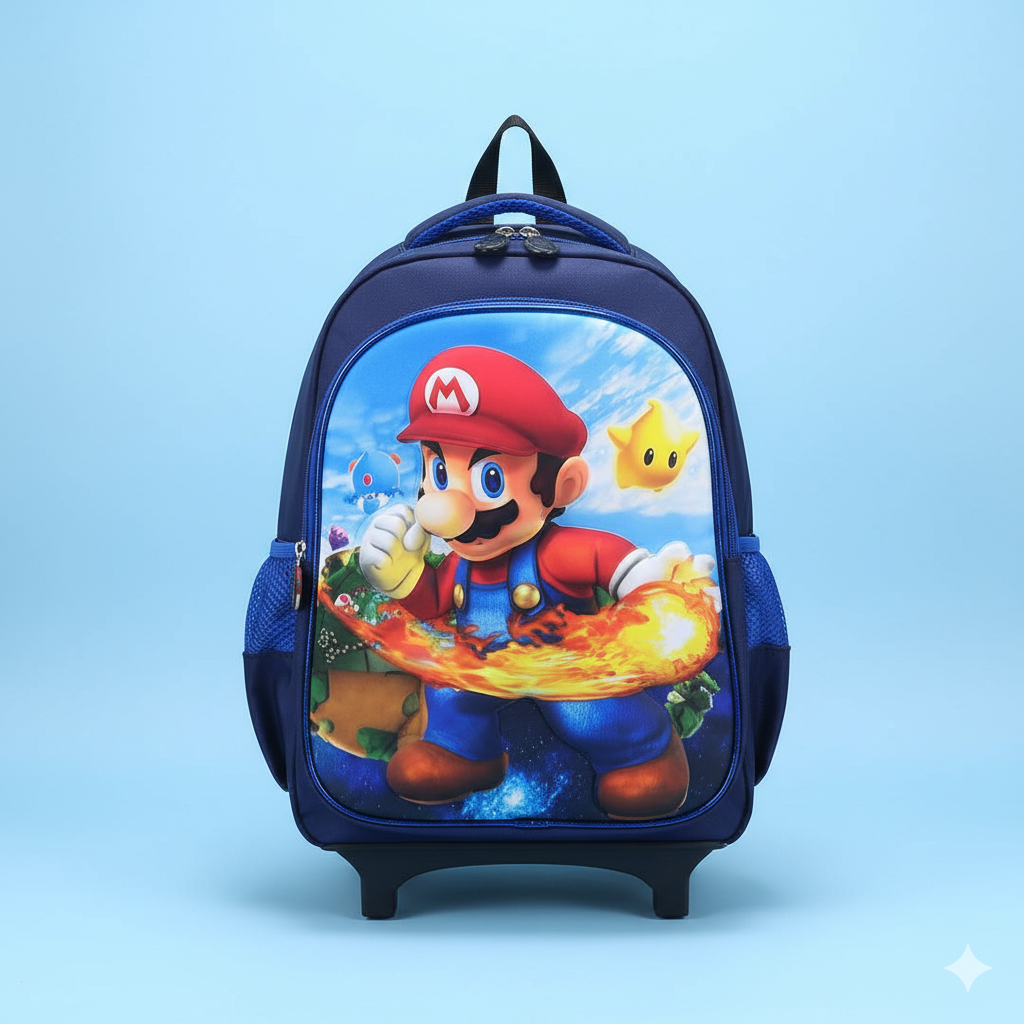 KIT X3 MALETA RUEDAS + CARTUCHERA + LONCHERA MARIO 3