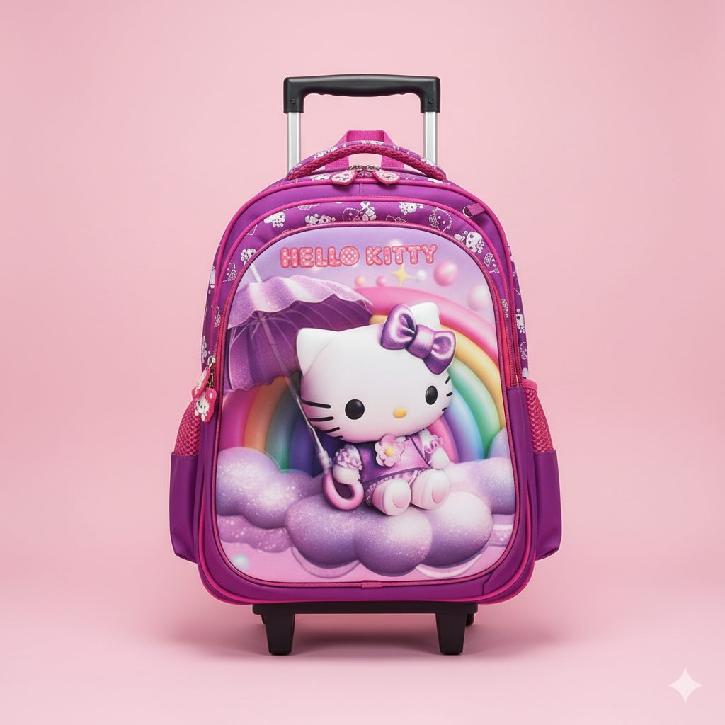 KIT X3 MALETA DOBLE RUEDAS + CARTUCHERA + LONCHERA HELLO KITTY