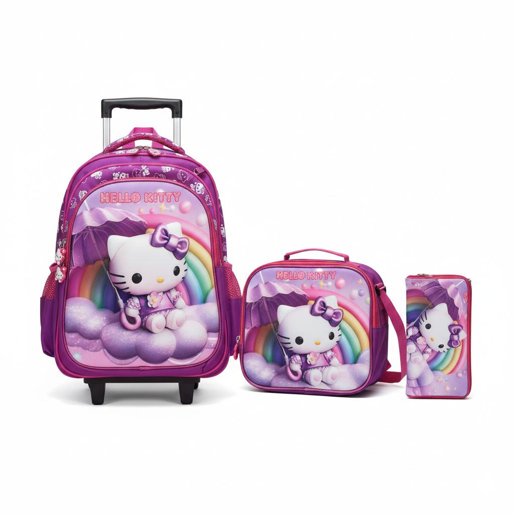 KIT X3 MALETA DOBLE RUEDAS + CARTUCHERA + LONCHERA HELLO KITTY