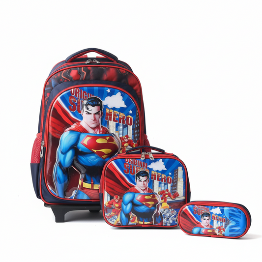 KIT X3 MALETA RUEDAS + CARTUCHERA + LONCHERA SUPERMAN