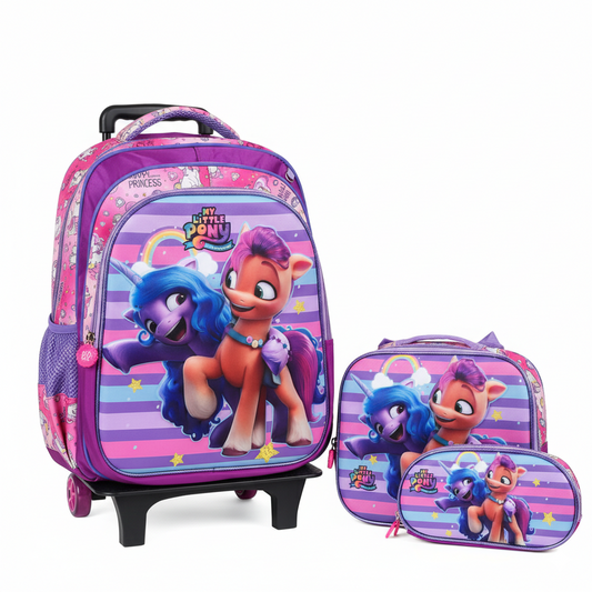 KIT X3 MALETA DOBLE RUEDAS + CARTUCHERA + LONCHERA MY PONY