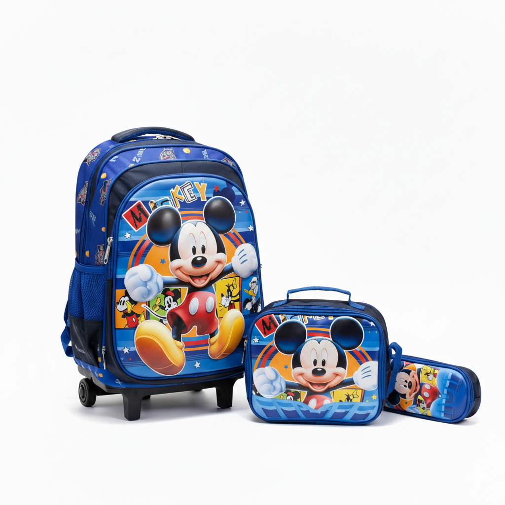 KIT X3 MALETA RUEDAS + CARTUCHERA + LONCHERA MICKEY AZUL