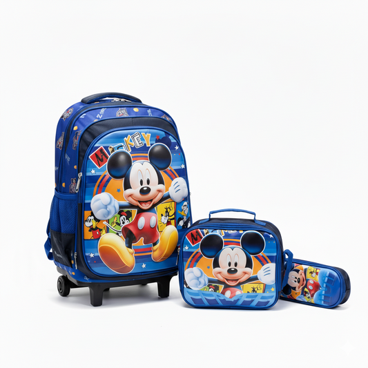 KIT X3 MALETA RUEDAS + CARTUCHERA + LONCHERA MICKEY AZUL