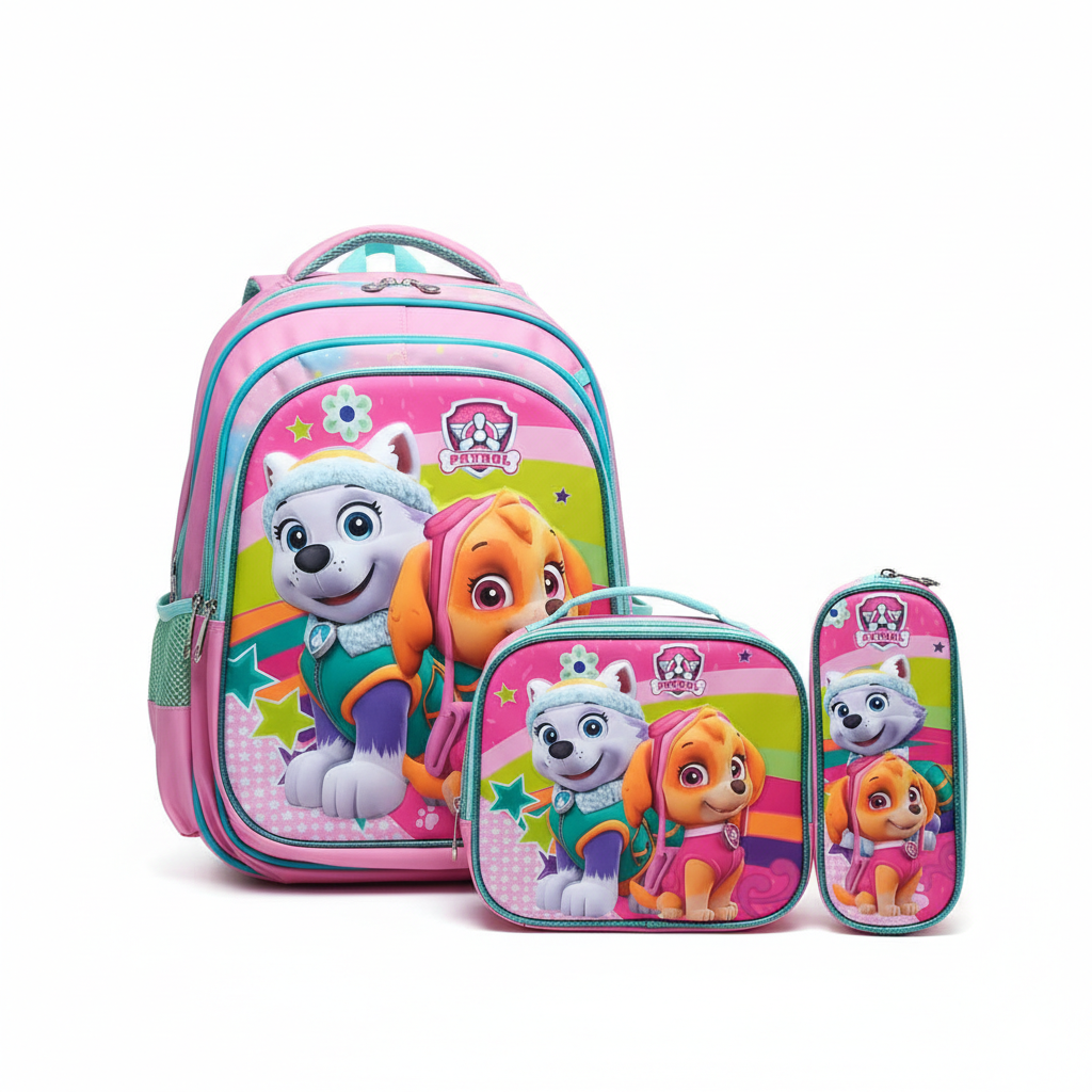 KIT X3 MALETA DOBLE RUEDAS + CARTUCHERA + LONCHERA PAW PATROL