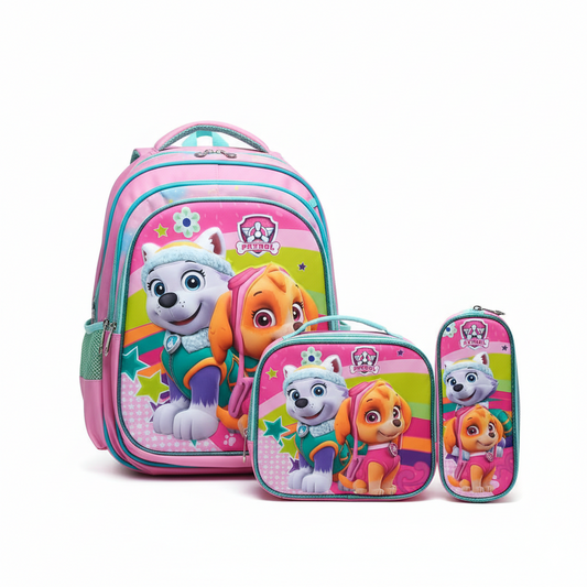 KIT X3 MALETA DOBLE RUEDAS + CARTUCHERA + LONCHERA PAW PATROL