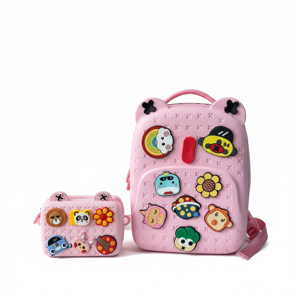 KIT X2 MALETA RIGIDA + LONCHERA + PINES ROSADA